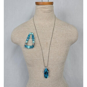 Blue Tear Drop Pendant 30" Necklace & 7" Bracelet / 2 Piece Set